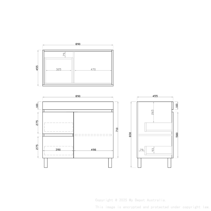 900mm Dark Oak MDF Bathroom Vanity Left Drawers Free Standing Cabinet Only