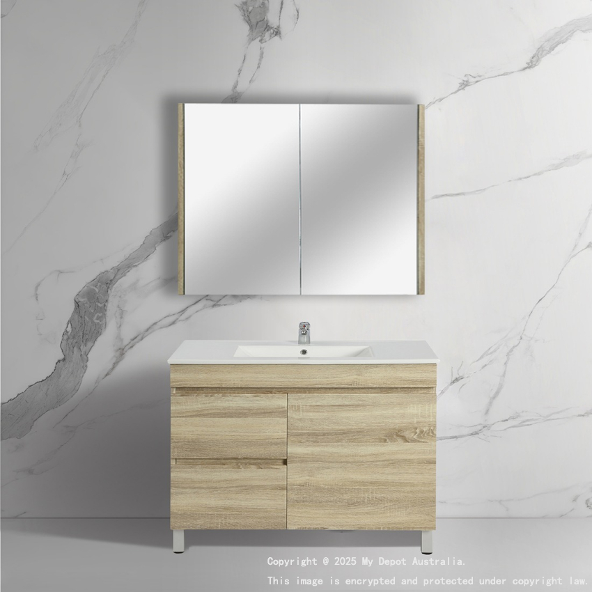 900mm White Oak MDF Bathroom Vanity Left Drawers Free Standing Cabinet Only