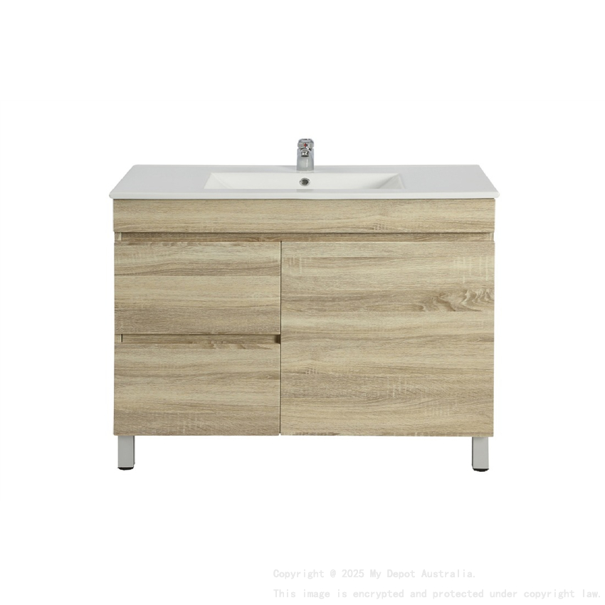 900mm White Oak MDF Bathroom Vanity Left Drawers Free Standing Cabinet Only