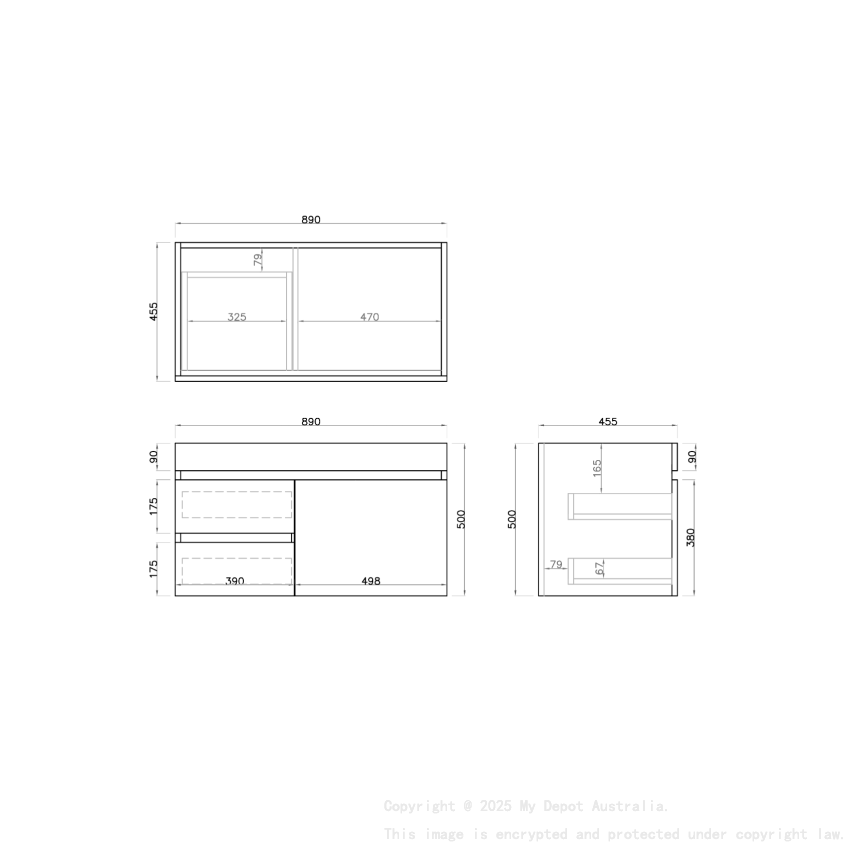 900mm Dark Oak MDF Bathroom Vanity Left Drawers Wall Hung Cabinet Only