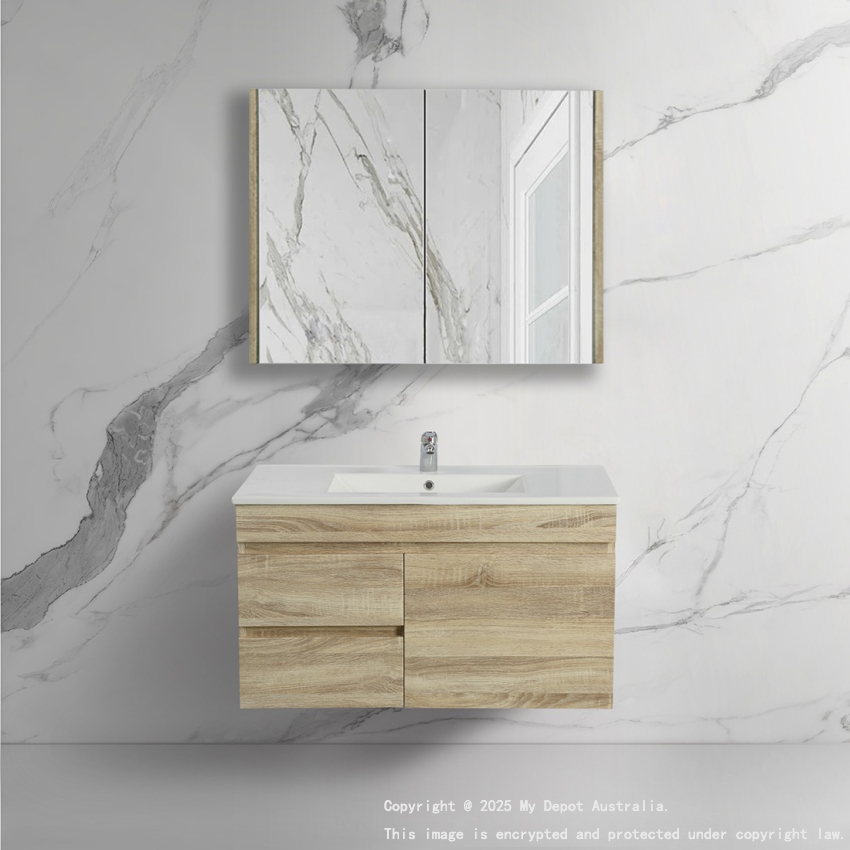 900mm White Oak MDF Bathroom Vanity Left Drawers Wall Hung Cabinet Only