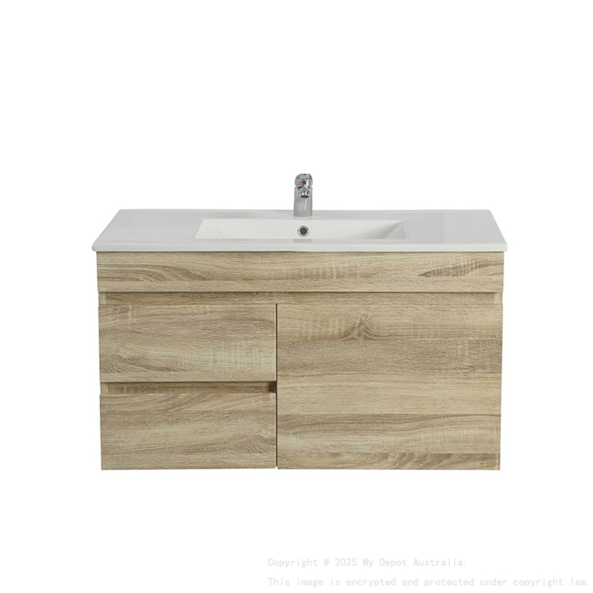 900mm White Oak MDF Bathroom Vanity Left Drawers Wall Hung Cabinet Only