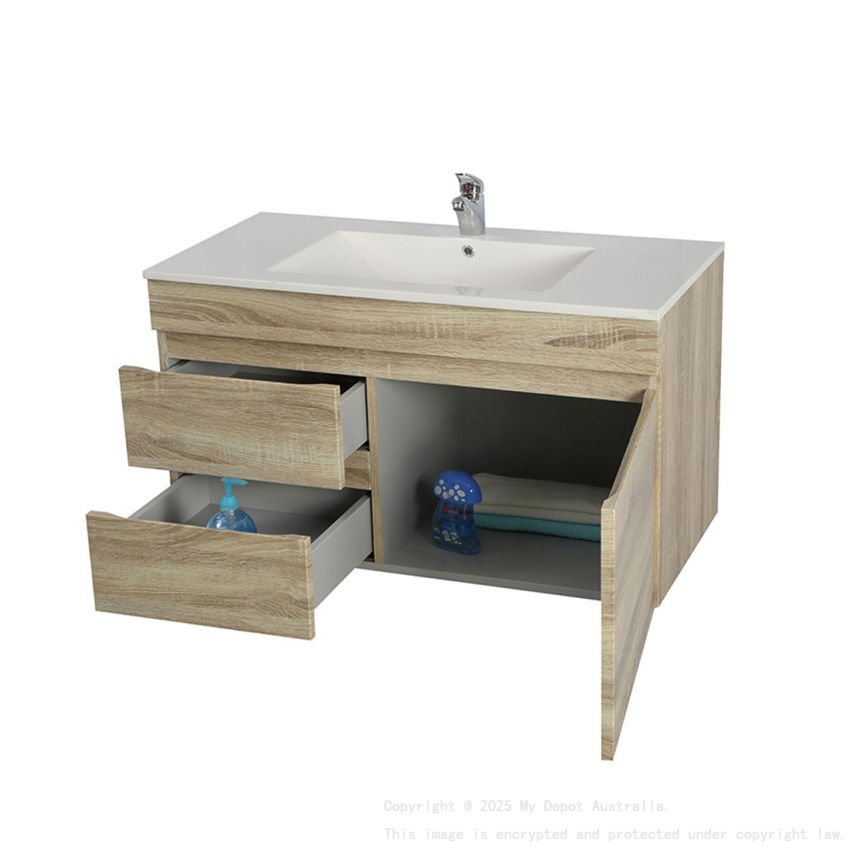 900mm White Oak MDF Bathroom Vanity Left Drawers Wall Hung Cabinet Only