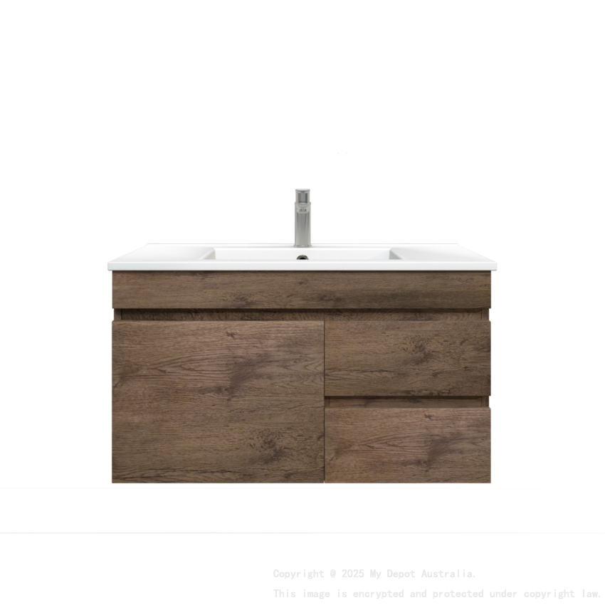 900mm Dark Oak MDF Wall Hung Bathroom Floating Vanity Right Drawers Cabinet Only