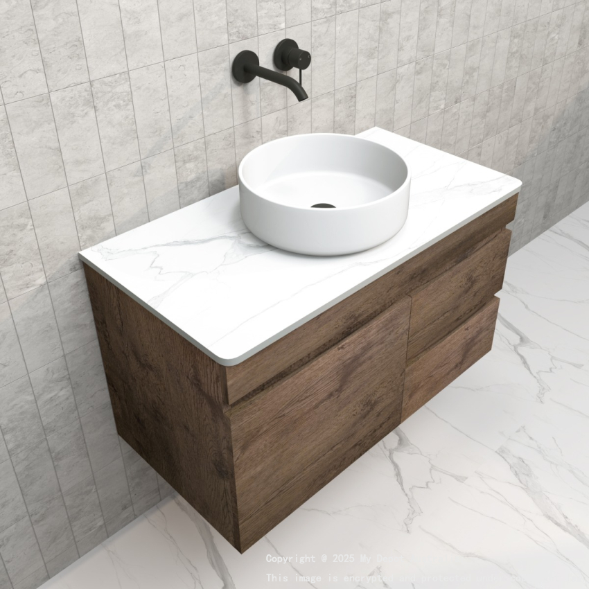 900mm Dark Oak MDF Wall Hung Bathroom Floating Vanity Right Drawers Cabinet Only