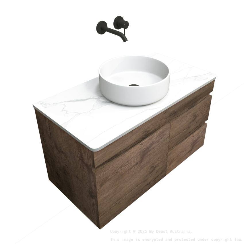 900mm Dark Oak MDF Wall Hung Bathroom Floating Vanity Right Drawers Cabinet Only