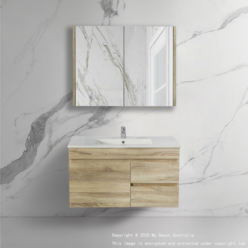 900mm White Oak MDF Bathroom Vanity Right Drawers Wall Hung Cabinet Only