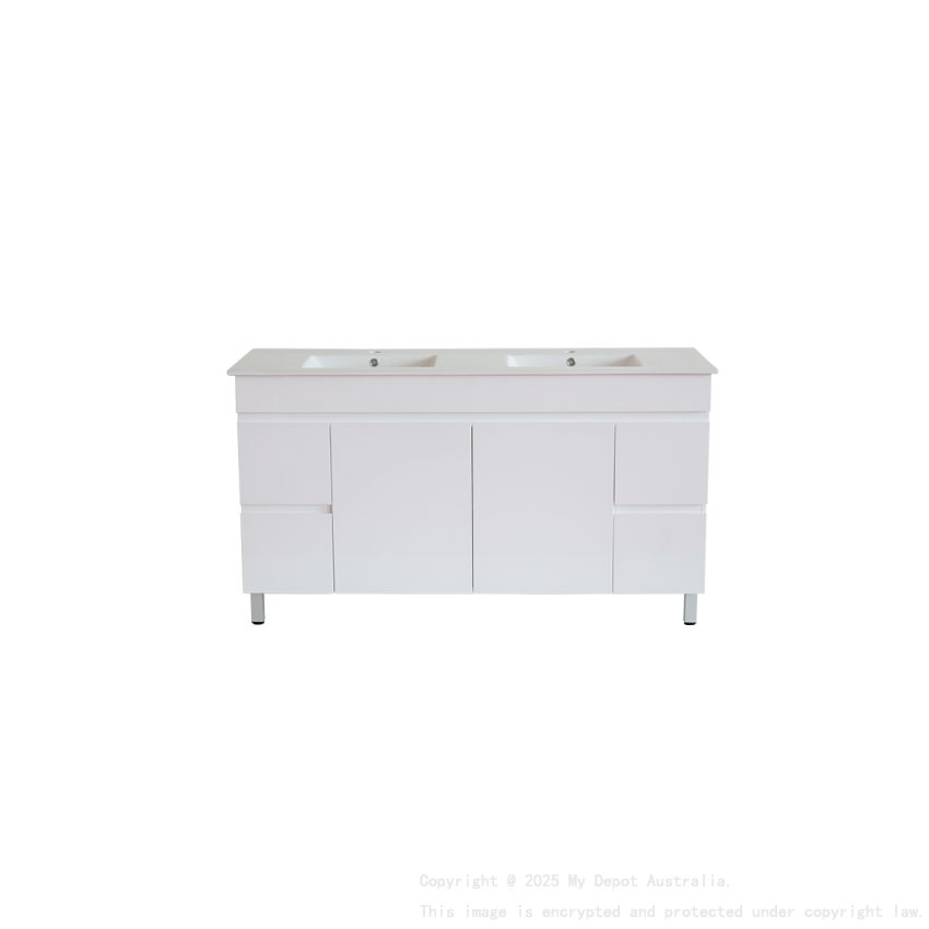 1500*450*710mm Freestangding Gloss White PVC Vanity With Double Ceramic Top  Cabinet Only