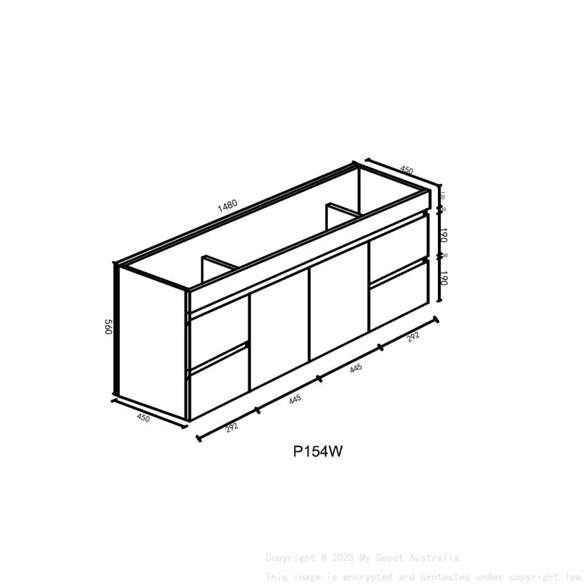 1500*450*560mm Wall Hung Gloss White PVC Vanity With Ceramic Top Cabinet Only