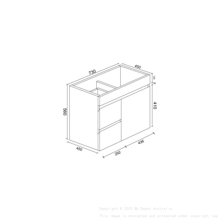 750*450*560mm Wall Hung Gloss White PVC Vanity Left Drawer With Ceramic Top Cabinet  Only