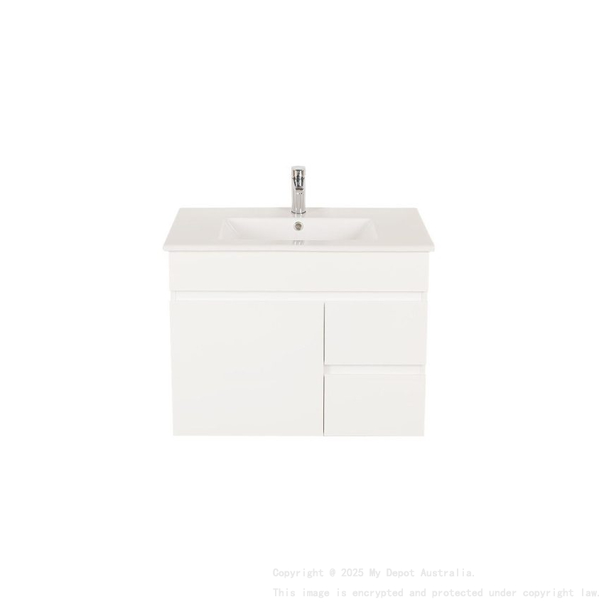 750*450*560mm Wall Hung Gloss White PVC Vanity Right Drawer With Ceramic Top Cabinet Only