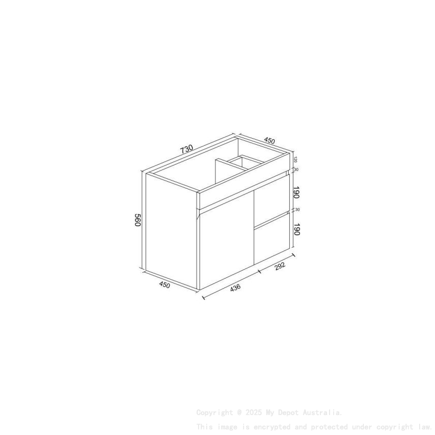 750*450*560mm Wall Hung Gloss White PVC Vanity Right Drawer With Ceramic Top Cabinet Only