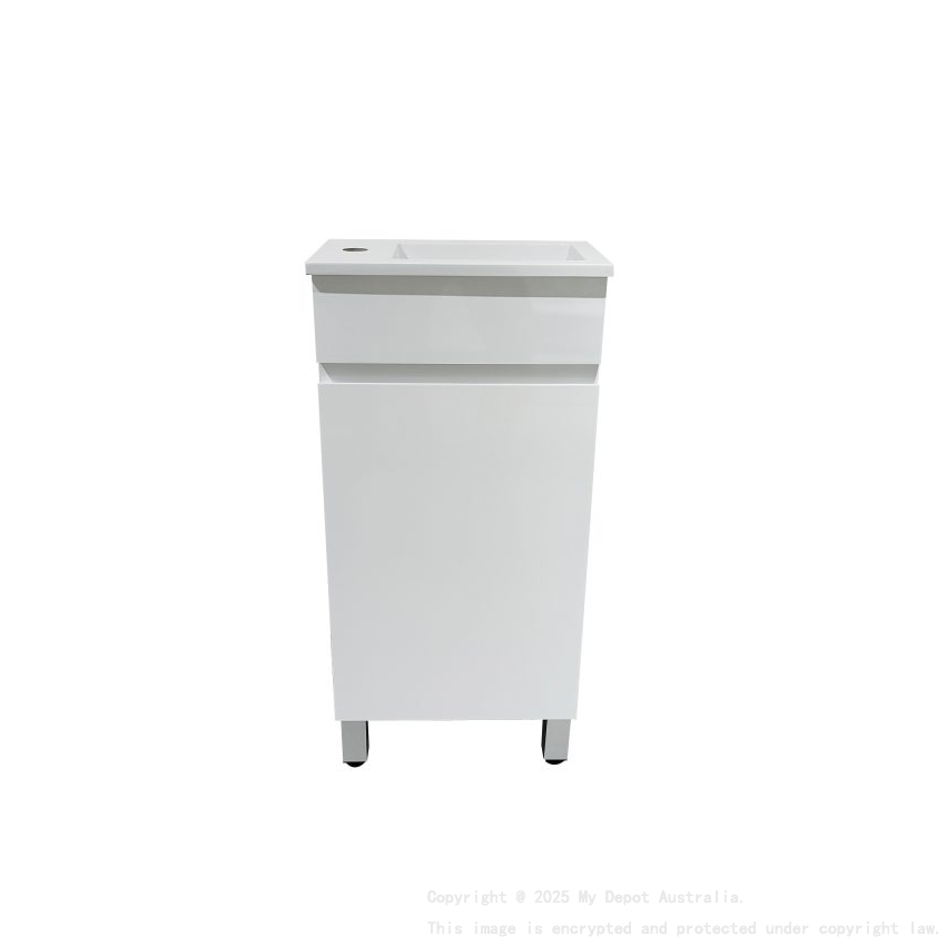 400*210*835mm Freestanding Gloss White Slim PVC Vanity With Ceramic Top Cabinet Only