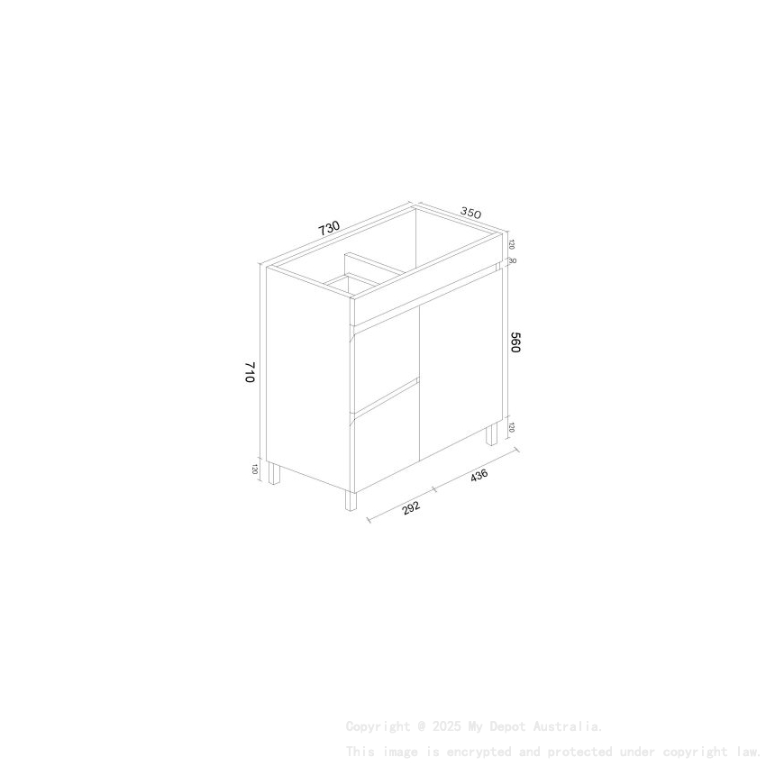 750*350*710mm Freestangding Gloss White Slim PVC Vanity Cabinet Only Left Drawer