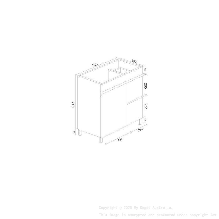 750*350*710mm Freestangding Gloss White Slim PVC Vanity Cabinet Only Right Drawer