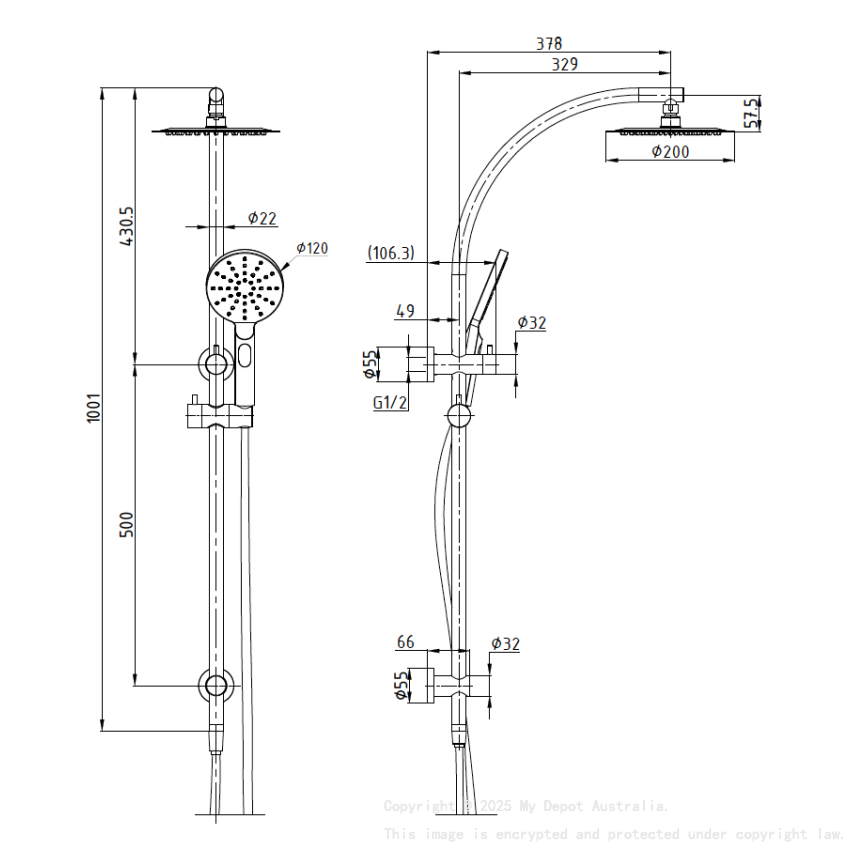Rund Brushed Nickel Sliding Rail With 3 Spray Function Hand Shower