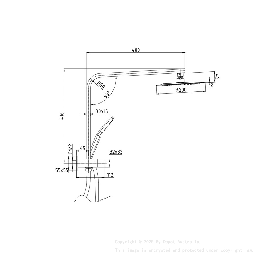 Eckig Matte Black 3 Spray Function Hand Shower With Overhead Rain Shower Half Rail