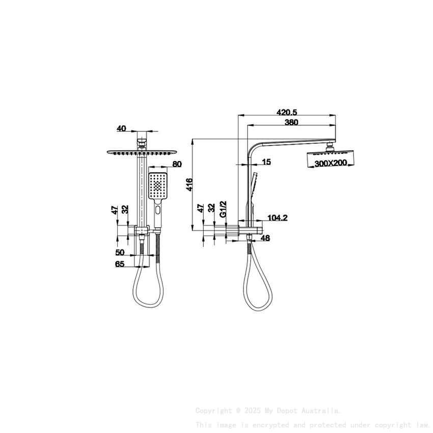 Kasten Brushed Nickel 3 Spray Hand Shower With Overhead Rain Shower Half Rail