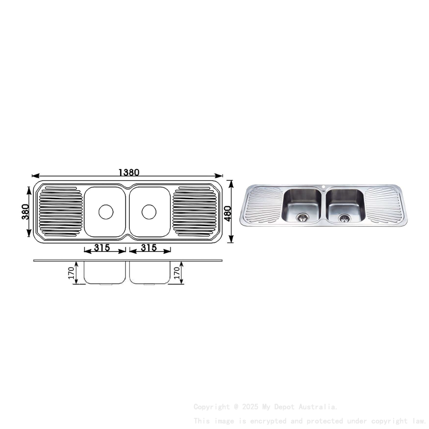 Cora Double Bowl & Double Drainer 1380 x 480 x 170mm