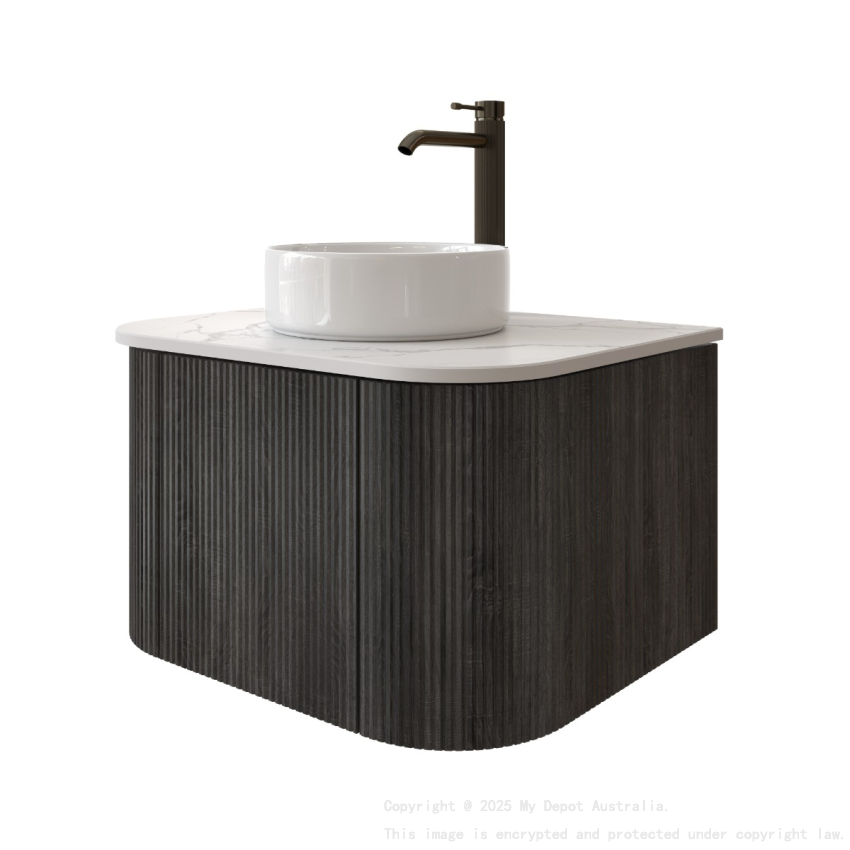 Kiama 600mm Dark Grey 1 Door Curved Wall Hung Fluted Bathroom Vanity
