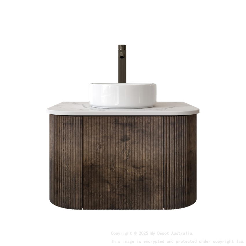Kiama 600mm Dark Oak 1 Door Curved Wall Hung Fluted Bathroom Vanity