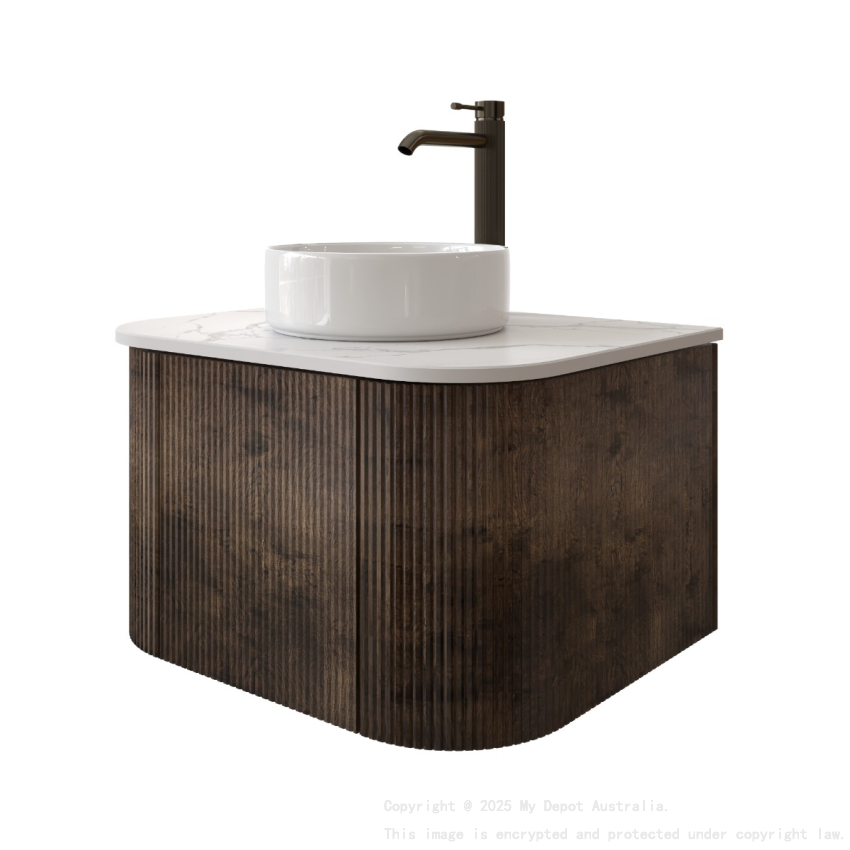 Kiama 600mm Dark Oak 1 Door Curved Wall Hung Fluted Bathroom Vanity