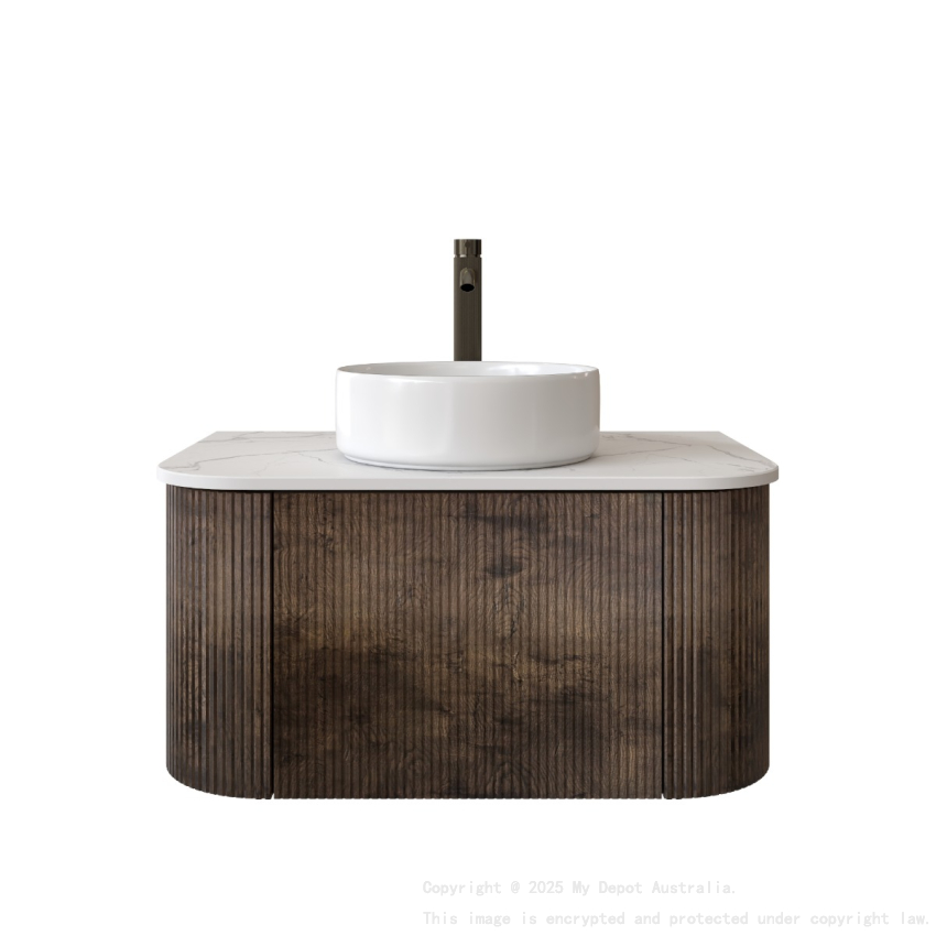 Kiama 750mm Dark Oak 1 Drawer Curved Wall Hung Fluted Bathroom Vanity