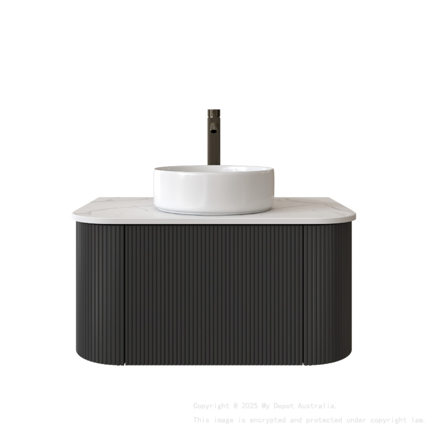 Kiama 750mm Matte Black 1 Drawer Curved Wall Hung Fluted Bathroom Vanity