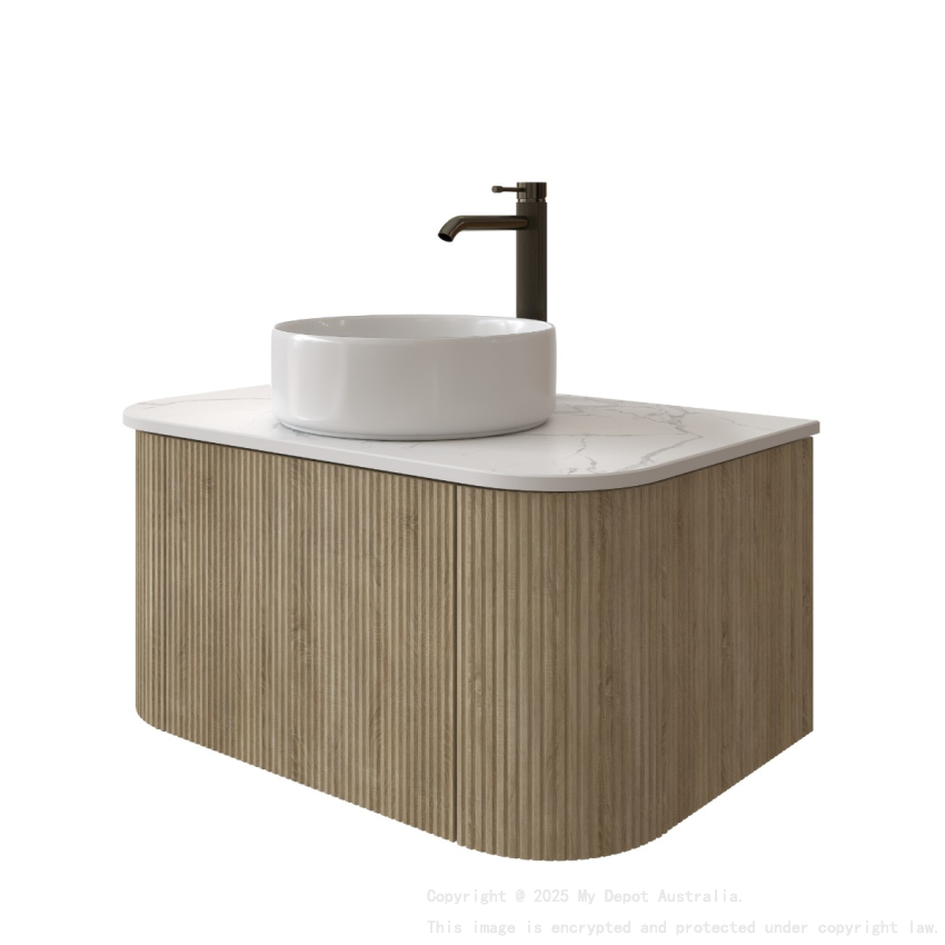 Kiama 750mm White Oak 1 Drawer Curved Wall Hung Fluted Bathroom Vanity