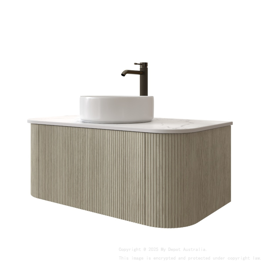 900mm Kiama Coastal Oak 1 Drawer Curved Fluted Wall Hung Vanity Cabinet Only