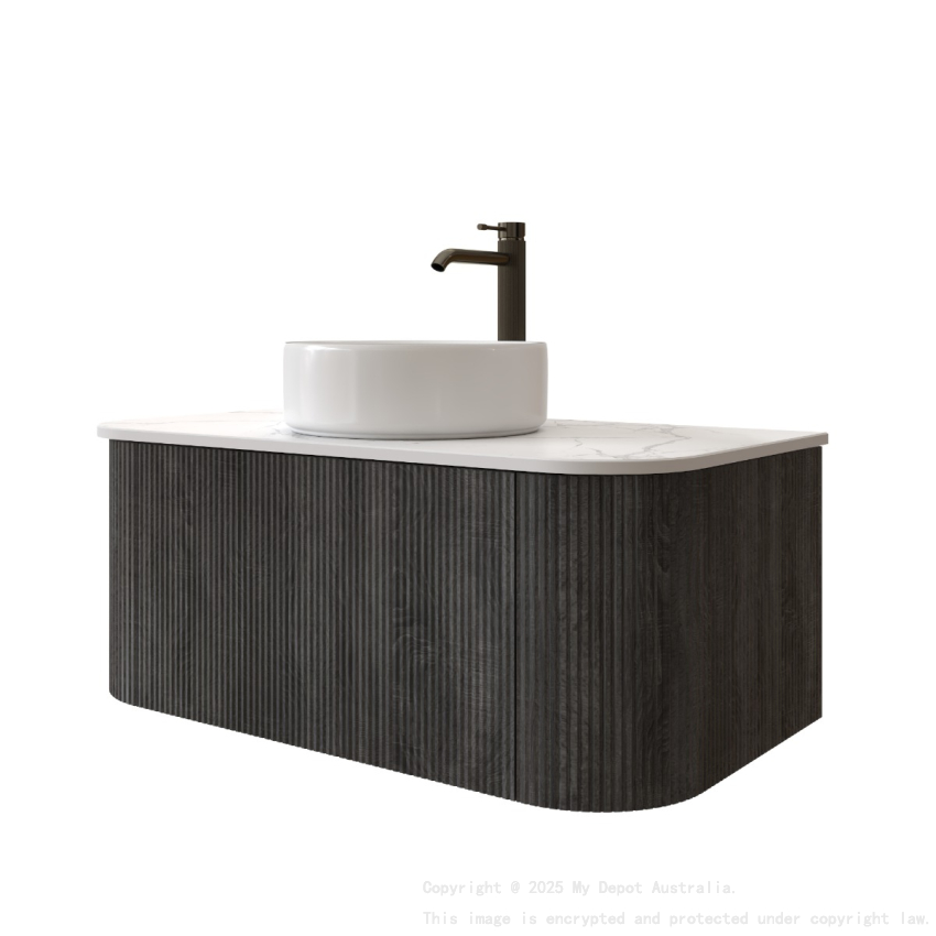 Kiama 950mm Dark Grey 1 Drawer Curved Wall Hung Fluted Bathroom Vanity