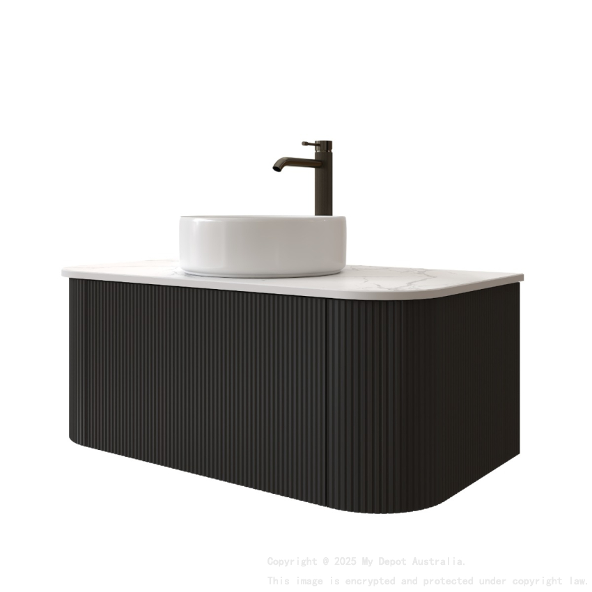 Kiama 950mm Matte Black 1 Drawer Curved Wall Hung Fluted Bathroom Vanity