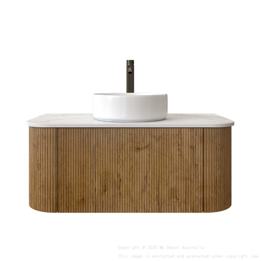 900mm Kiama Prime Oak 1 Drawer Curved Fluted Wall Hung Vanity Cabinet Only