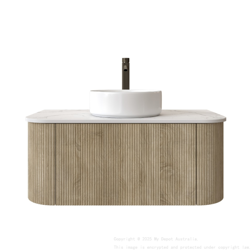 Kiama 950mm White Oak 1 Drawer Curved Wall Hung Fluted Bathroom Vanity