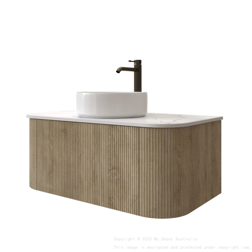Kiama 950mm White Oak 1 Drawer Curved Wall Hung Fluted Bathroom Vanity