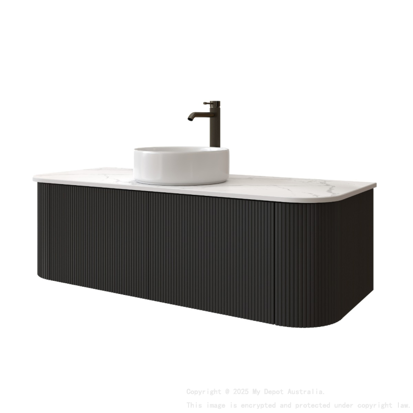 Kiama 1200mm Matte Black 2 Drawers Curved Wall Hung Fluted Bathroom Vanity