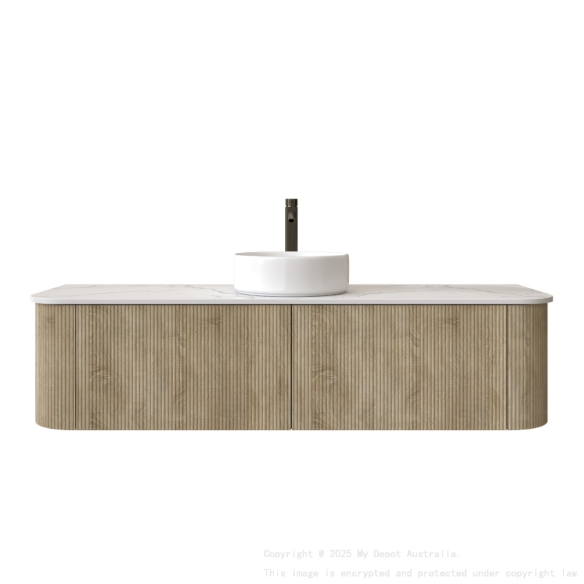 Kiama 1500mm White Oak 2 Drawers Curved Wall Hung Fluted Bathroom Vanity
