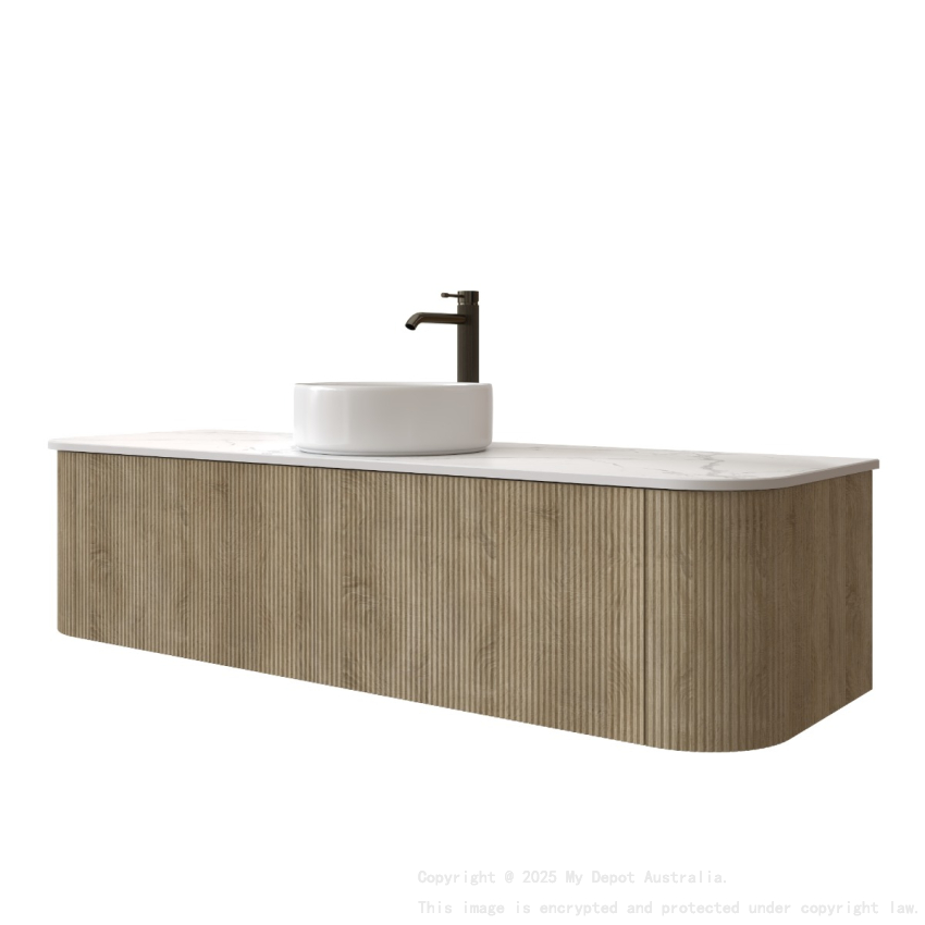 Kiama 1500mm White Oak 2 Drawers Curved Wall Hung Fluted Bathroom Vanity