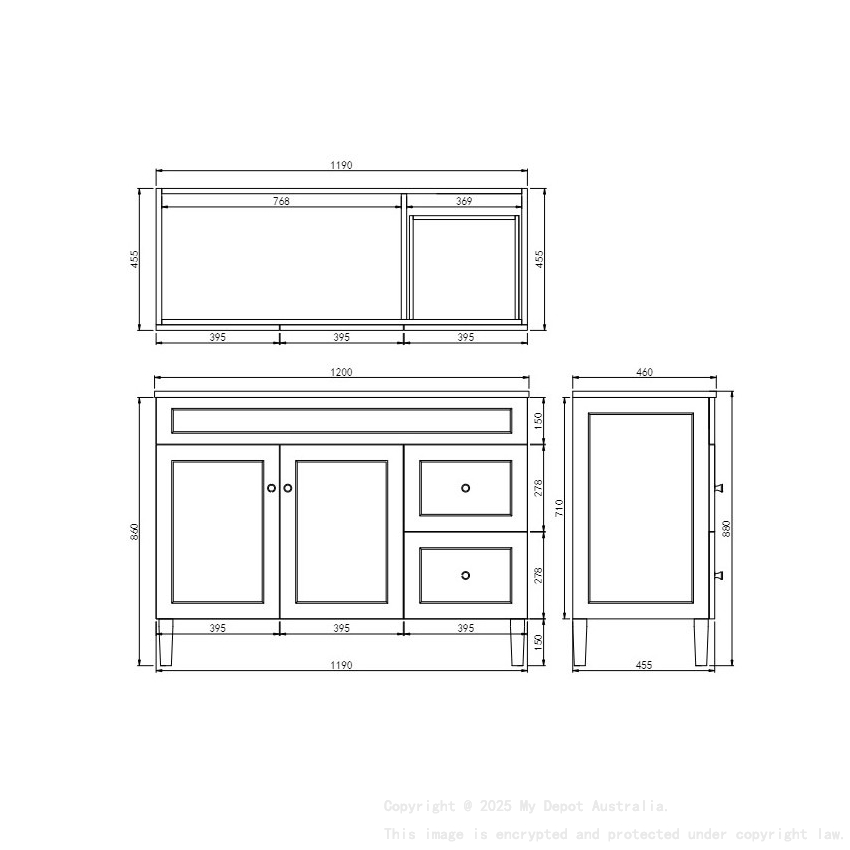 1190X455X860mm Matte White Harold Federation Free Standing PVC Cabinet Right Hand Drawers