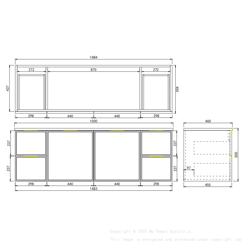 1490*455*560mm Olive Green Madura Federation Wall Hung PVC Cabinet Left Hand Drawers