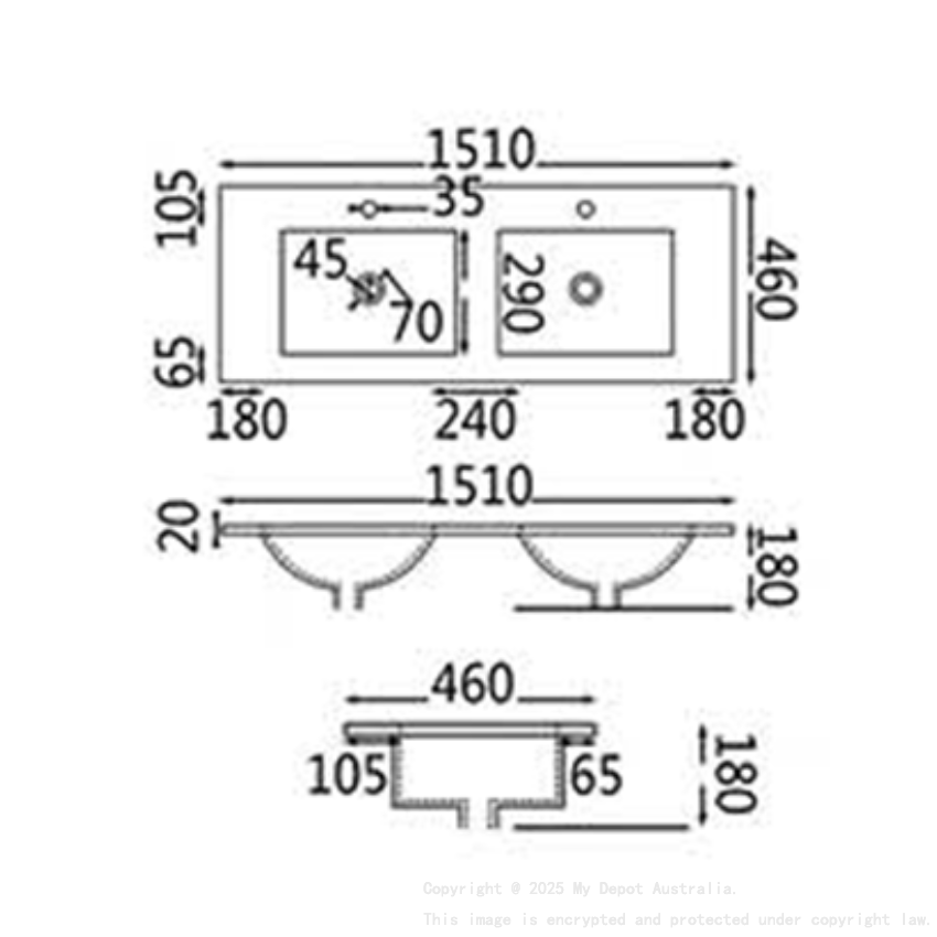 1500mm Gloss White Thin Edge Ceramic Vanity Top Double Basins