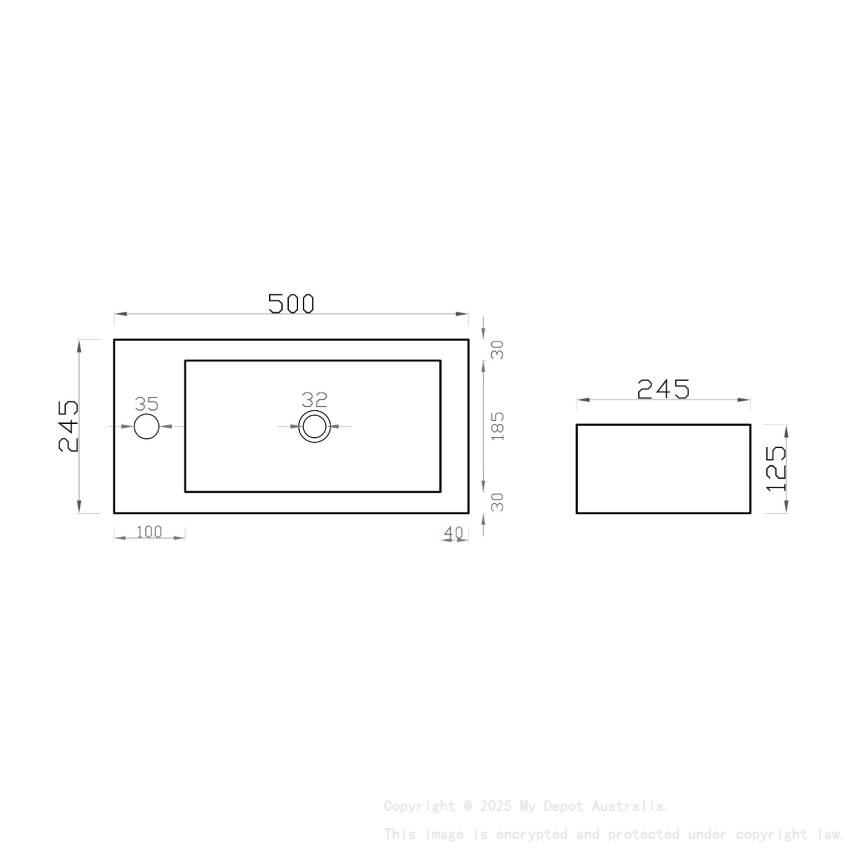 500mm Gloss White Ceramic Vanity Top Left Tap Hole