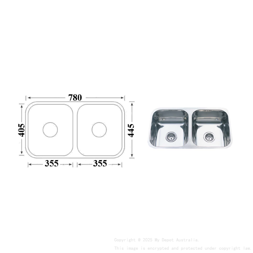 Cora Double Bowl Undermount Sink 780 x 445mm