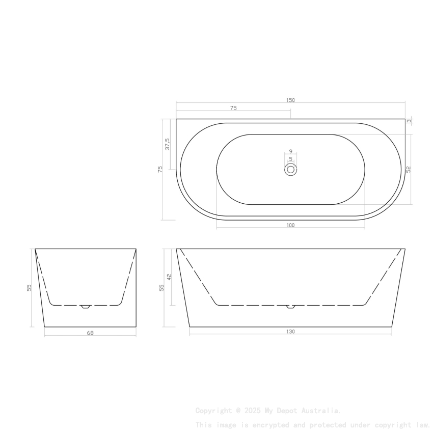 1500MM Back To Wall Bathtub Gloss White Acrylic Rounded Edge