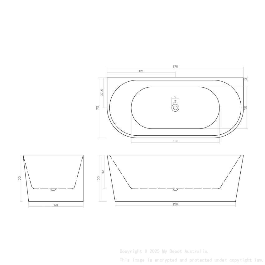 1700MM Back To Wall Bathtub Gloss White Acrylic Rounded Edge