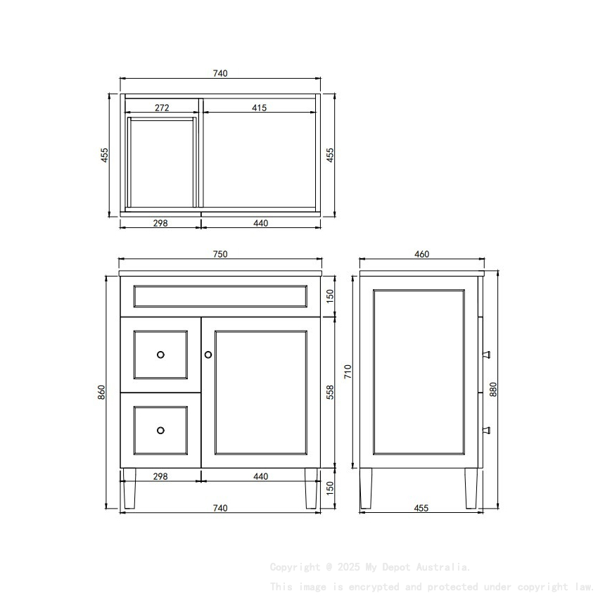 740X455X860mm Matte White Harold Federation Free Standing PVC Cabinet Left Hand Drawers