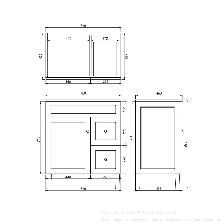 740X455X860mm Matte White Harold Federation Free Standing PVC Cabinet Right Hand Drawers