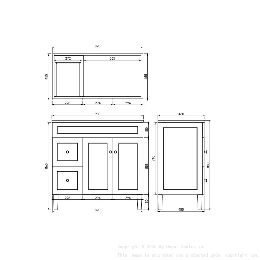 890X455X860mm Matte White Harold Federation Free Standing PVC Cabinet Left Hand Drawers