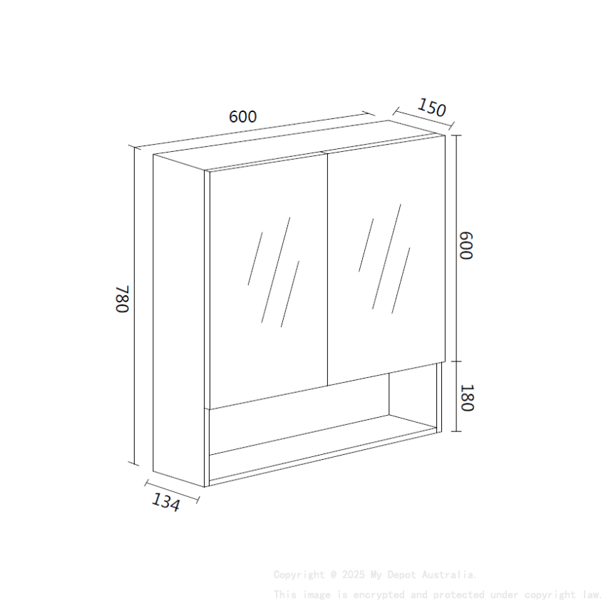 600*150*780mm Canyon Oak Wall Hung Woodgrain Mirror Cabinet Two Doors 