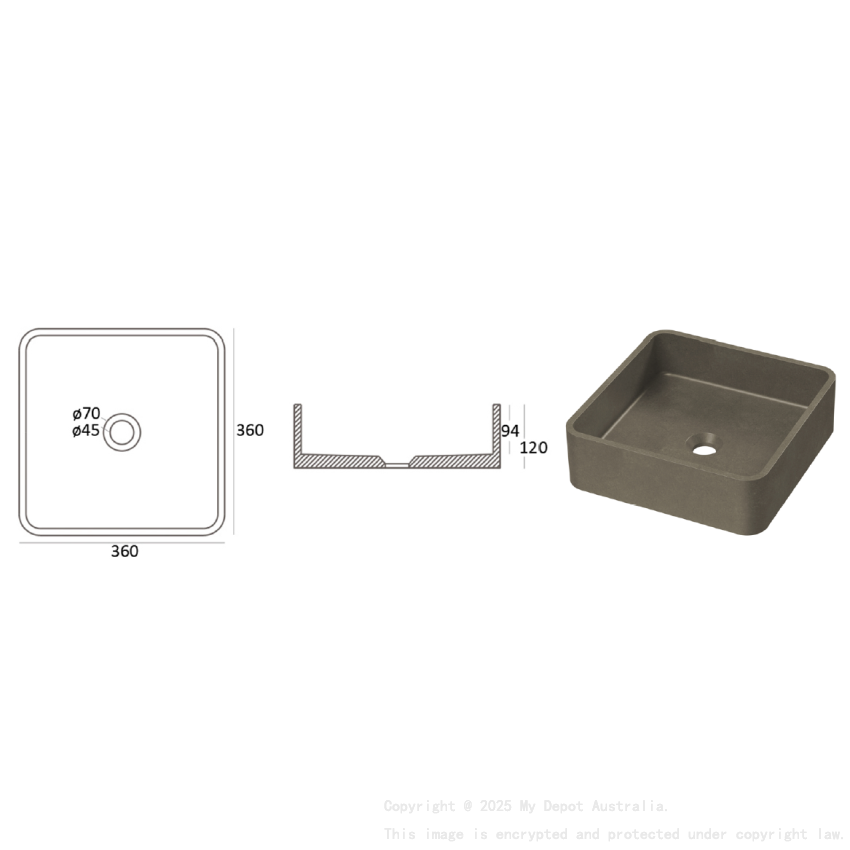 Zale Concrete Square Basin Grey 360 x 360 x 120 NTH Dark Grey